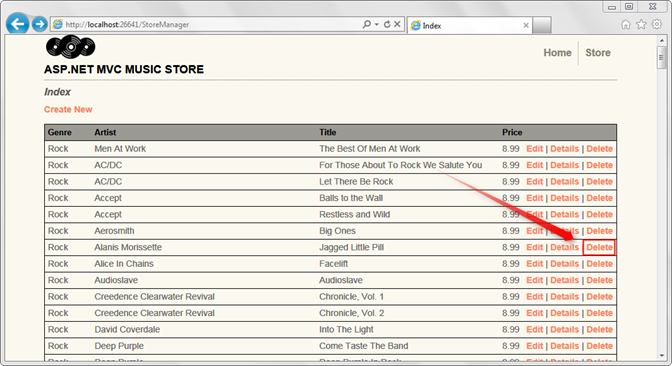Screenshot of the album list with the Delete option associated with a listed album highlighted with a red arrow.