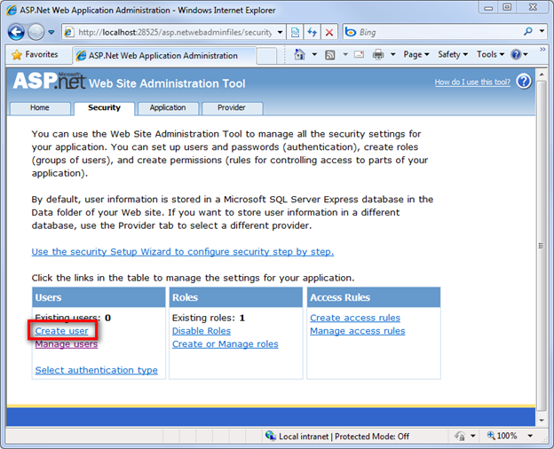 Screenshot of the configuration website showing the Users section and the Create user link highlighted in a red rectangle.