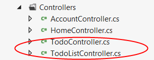 Screenshot that shows the Controllers folder open. To do Controller dot c s and To do List Controller dot c s are both circled in red.