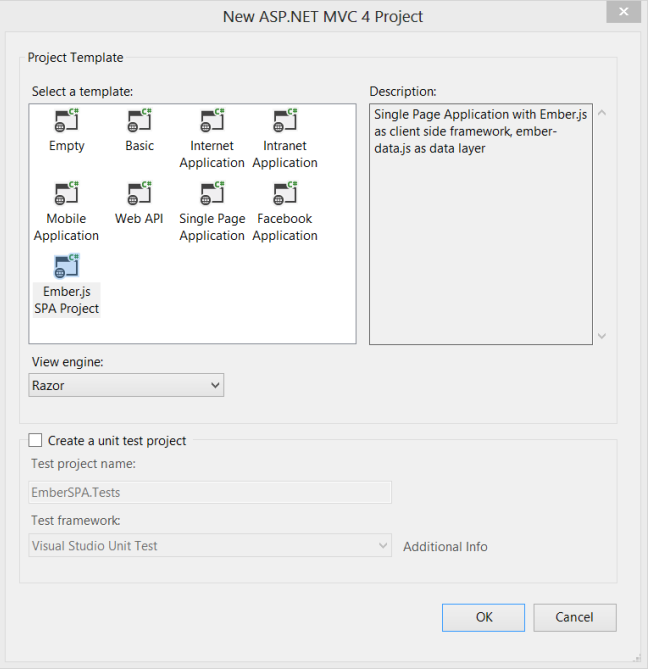 Screenshot that shows the New A S P dot NET M V C 4 Project dialog box. The Ember dot j s S P A Project template is selected.