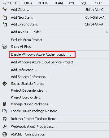 Screenshot that shows the Project drop down menu. Enable Windows Azure Authentication is circled in red.