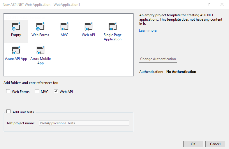 Screenshot of New A S P dot NET Project dialog, with Web A P I checkbox selected to automatically set up configuration code.