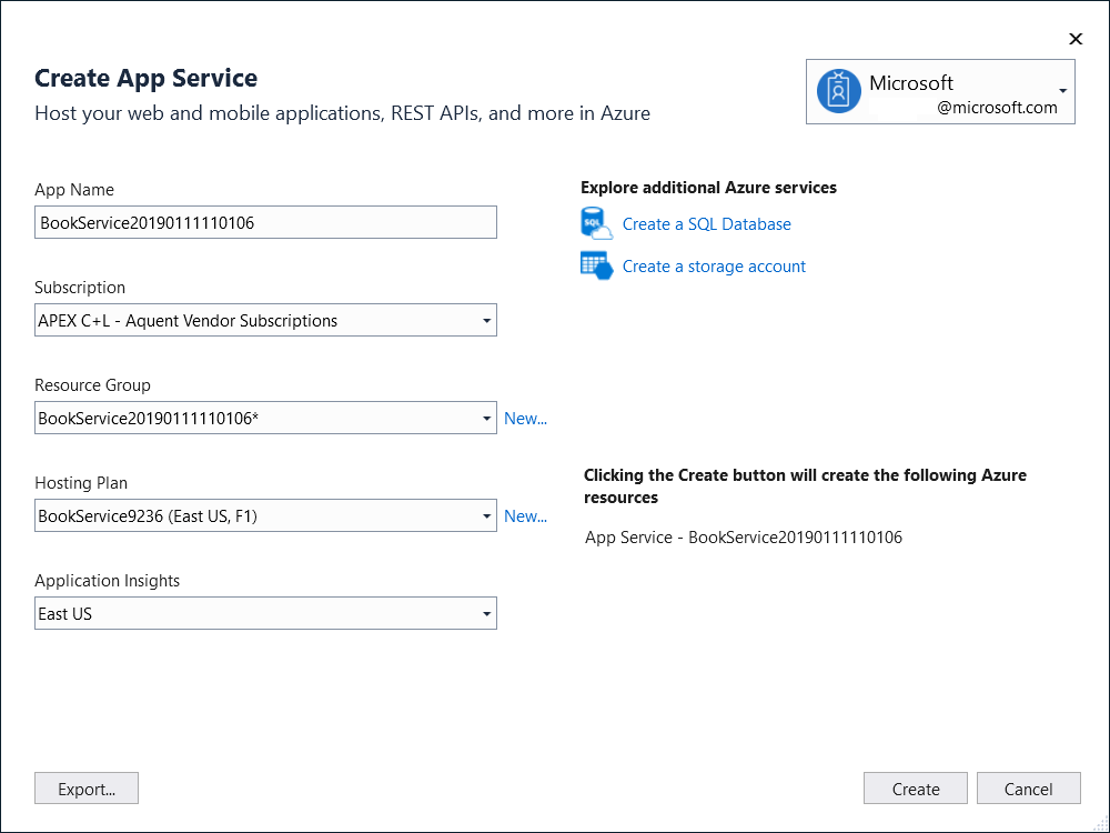 Screenshot of the Create App Service dialog with values entered into the app name, subscription, resource group, hosting plan, and insights fields.