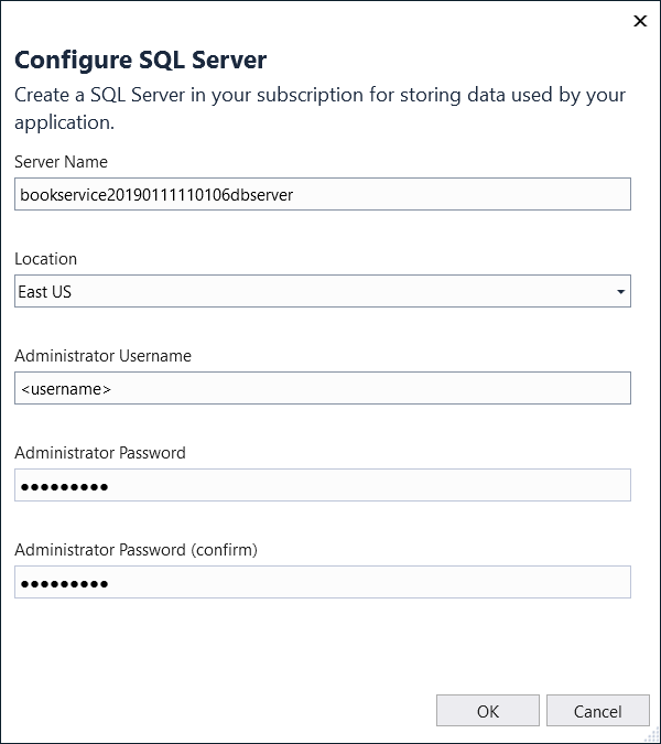 Screenshot of the Configure S Q L Server dialog with values entered into the server name, location, admin name, and admin password fields.