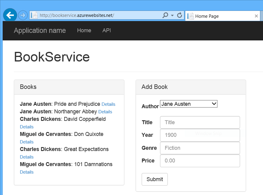 Screenshot of the browser window showing the newly deployed Book Service website and a list of books and authors with links to details.