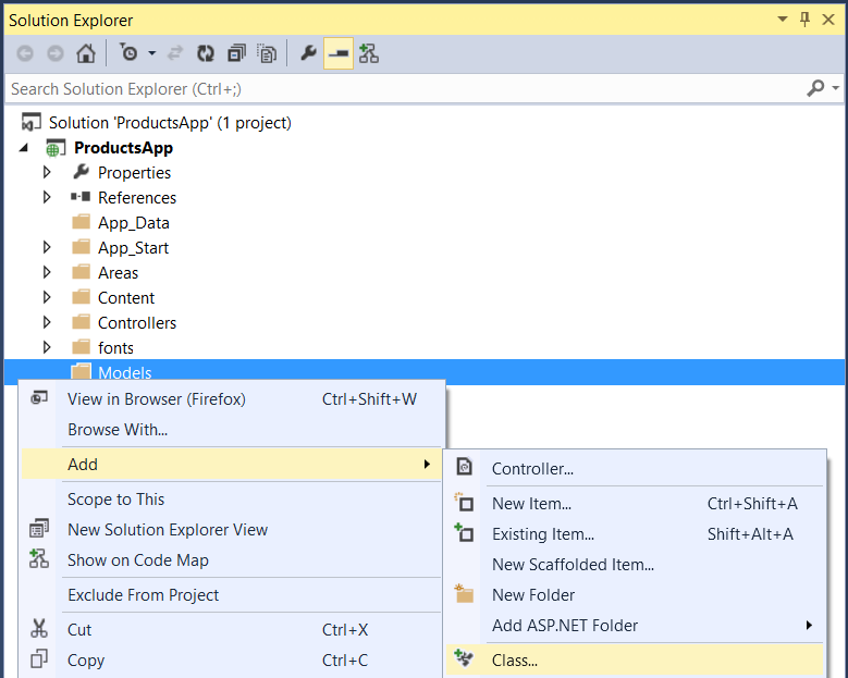 Screenshot of the Solution Explorer folder showing the Models folder highlighted in blue and the Add and Class menu items highlighted in yellow.