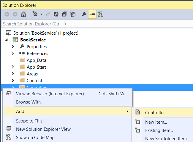Screenshot of the Solution Explorer window with the Controllers folder and the Add and Controller menu items highlighted in blue and yellow.