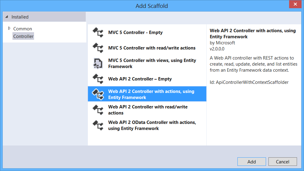 Screenshot of the Add Scaffold dialog showing the Web A P I 2 Controller with actions using Entity Framework option highlighted in blue.