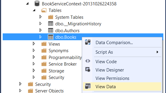 Screenshot of the S Q L Server Object Explorer showing the d b o dot Books item highlighted in blue and the View Data item highlighted in yellow.