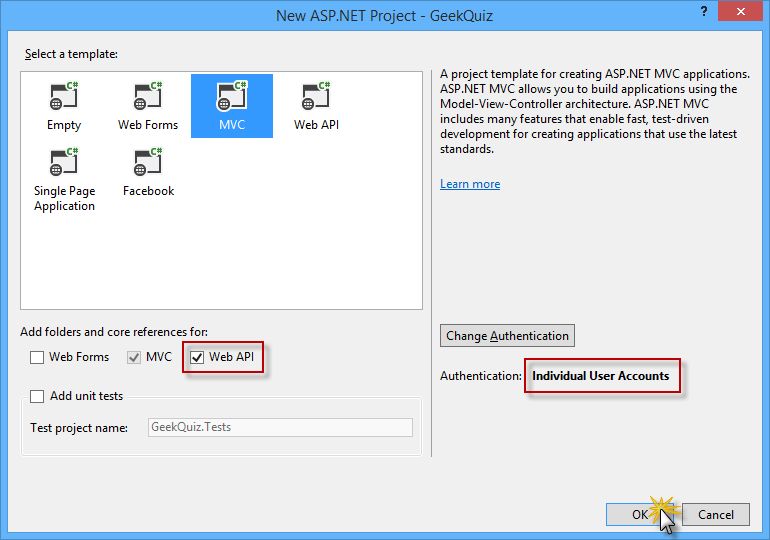 Creating a new project with the MVC template, including Web API components