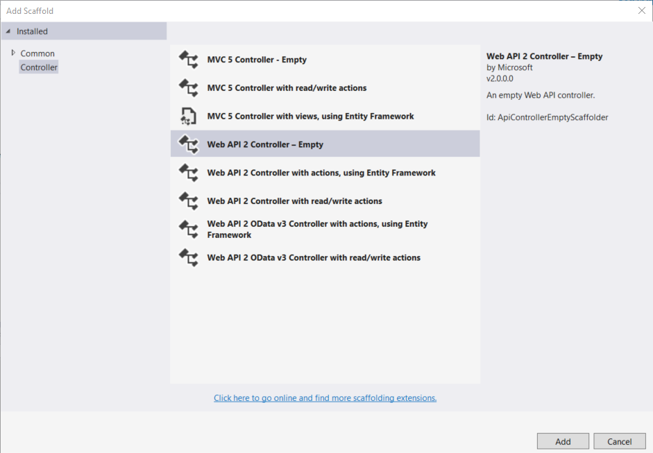 Screenshot showing the 'add scaffold' dialog box's menu options, highlighting the Web A P I controller - empty option.