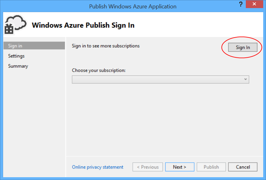 Screenshot of the 'publish Azure application' dialog box, which requests a sign in option before other options become available.