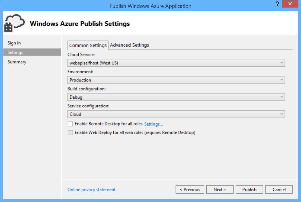 Screenshot of the 'publish Azure application' window, confirming all of the settings selections made, and providing button options to go back or publish.