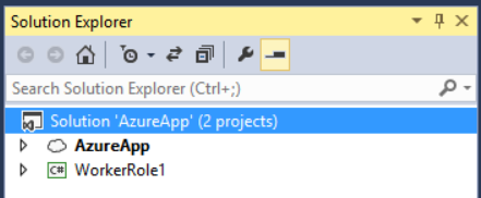 Screenshot of the solution explorer window, highlighting the new Azure App project and showing the app name and worker role option below it.