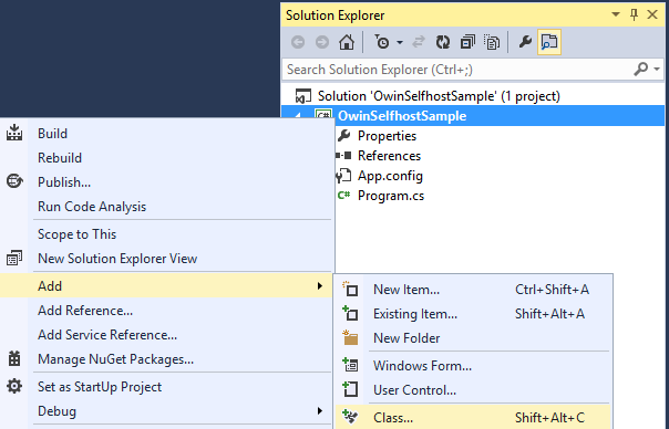 Screenshot of the solution explorer dialog box menu, showing the steps to follow for adding a class to the project.