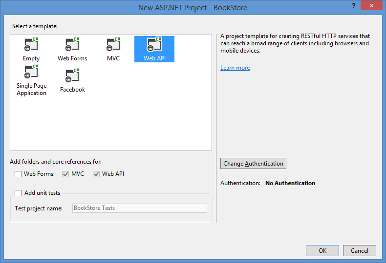 Screenshot of the A S P dot NET project bookstore dialog box, showing template options and check boxes to select template folder and core reference.