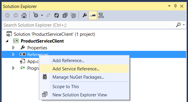 Screenshot of the solution explorer window, showing the menu under 'references' in order to add a new service reference.