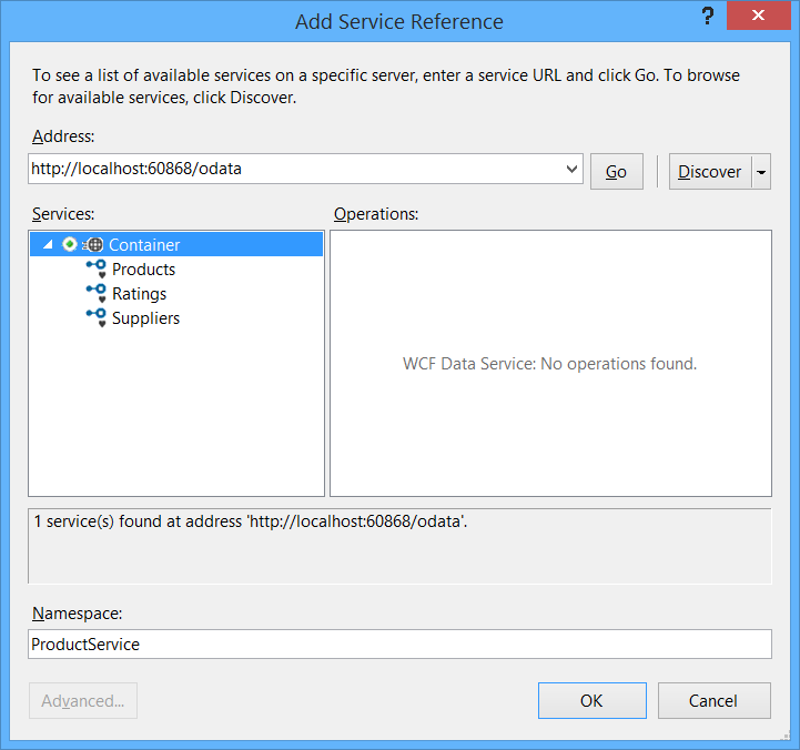 Screenshot of the 'add service reference' dialog box, highlighting the container service, to show the operations running in it.