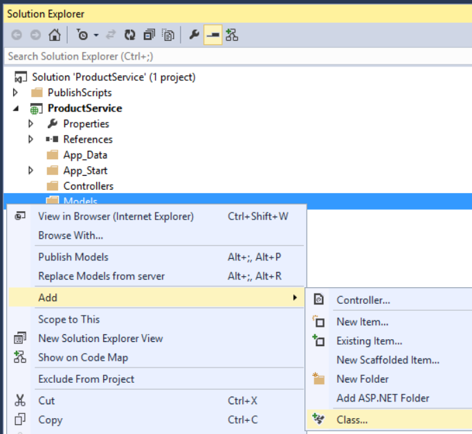 Screenshot of the solution explorer window, highlighting the path to add a model class object to the project.