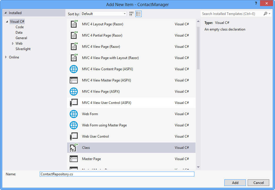 Creating a class file to contain the code for the Contact Repository service layer