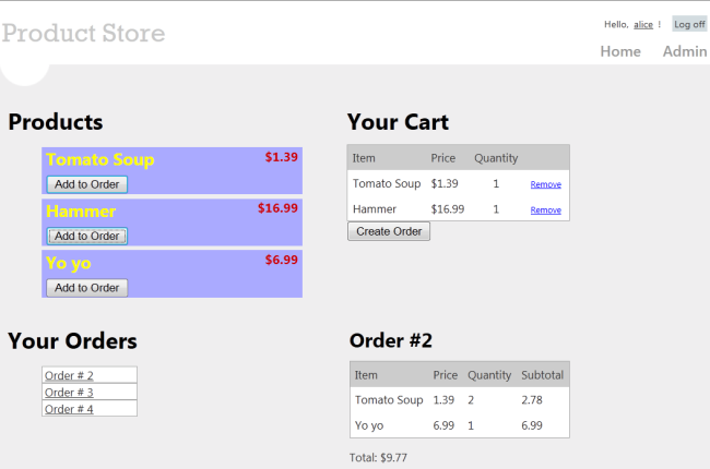 Screenshot of a simple store application normal user view.