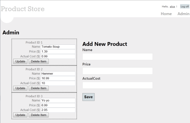 Screenshot of a simple store application administrator view.
