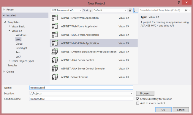 Screenshot of the Visual Studio new project screen. A S P dot net M V C 4 web application is highlighted.
