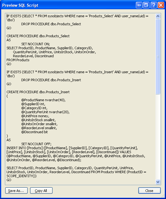 Preview the SQL Script Used to Generate the Stored Procedures