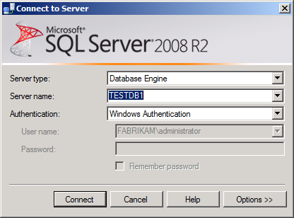 This image illustrates: in the Connect to Server dialog box, in the Server name box, type the name of the database server, and then click Connect.