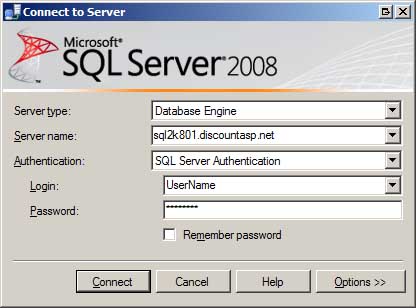 Screenshot of the Connect to Server dialog box, which is showing the web host's data server information in the text fields.