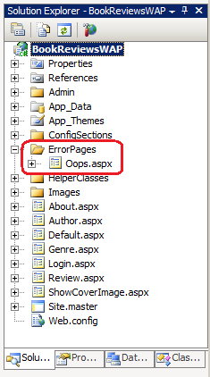 Screenshot that shows the ErrorPages folder that contains the Oops dot a s p x file.