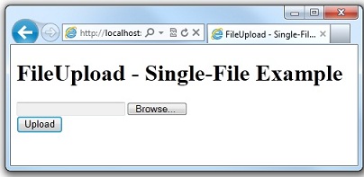 Screenshot of the File Upload Single File Example web browser page showing the file picker and the Upload button.