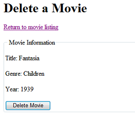 Delete Movie page with a movie displayed