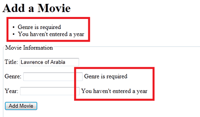 Add Movie page showing validation error messages