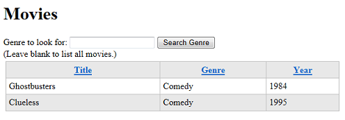 Movies page listing after searching for genre 'Comedies'