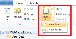 Using the "New" command in the ribbon to create a new file