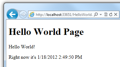 "Hello World" page running in the browser with a dynamically generated time display