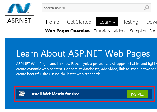 ASP.NET Web site showing "Install WebMatrix" button