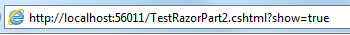 Screenshot of the Test Razor 2 page in a web browser showing a query string in the U R L box.