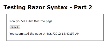 Screenshot of the Test Razor 2 page in a web browser after page submission with a query string in the U R L box.