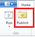 Screenshot of the Web Matrix ribbon showing the Publish button highlighted with a red rectangle next to the Run button.