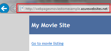Screenshot of the deployed website showing the U R L in the address bar highlighted with a red rectangle.
