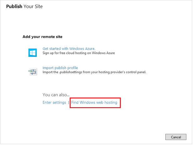 Screenshot of the Publish Your Site dialog box showing the Find Windows web hosting link highlighted with a red rectangle.