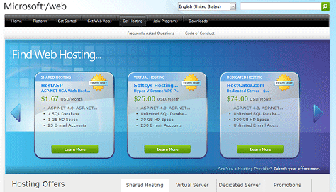 Screenshot of the Microsoft Find Web Hosting page showing a list of hosting providers that support A S P dot Net.