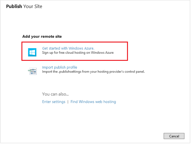 Screenshot of the Publish Your Site dialog box showing the Get started with Windows Azure option highlighted with a red rectangle.