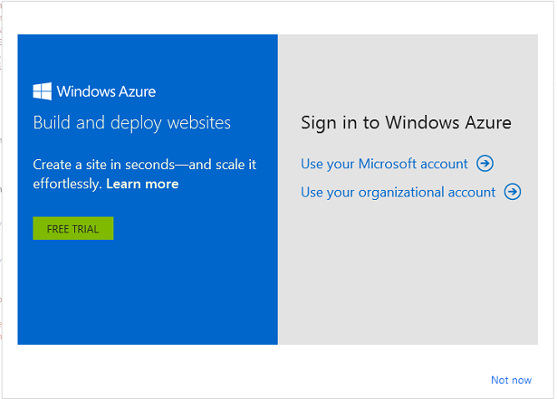 Screenshot of the Microsoft Windows Azure sign-in dialog showing the Microsoft account and organization account sign-ins.
