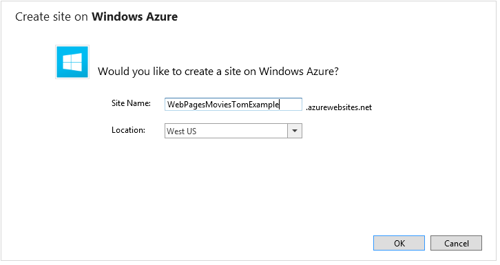Screenshot of the Create site on Windows Azure window showing the changed site name in the Site name field.