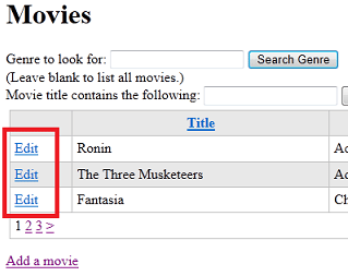 WebGrid display including an 'Edit' link for each movie
