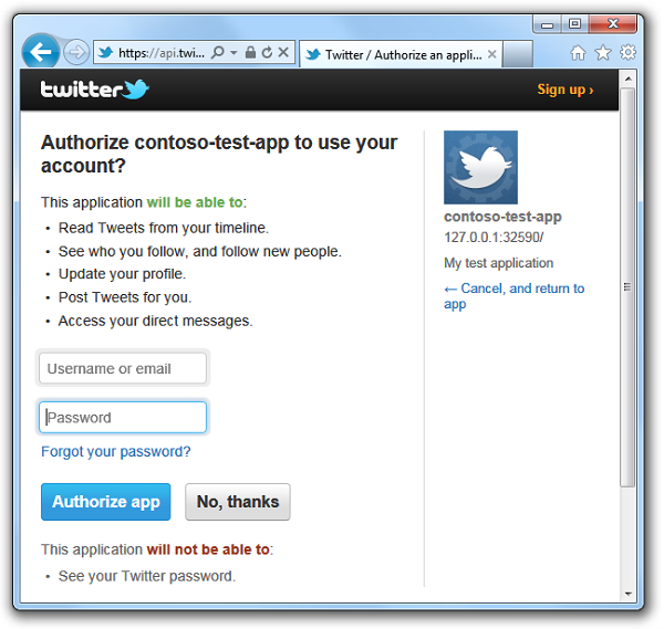 Screenshot shows the web page redirecting to a Twitter login page.