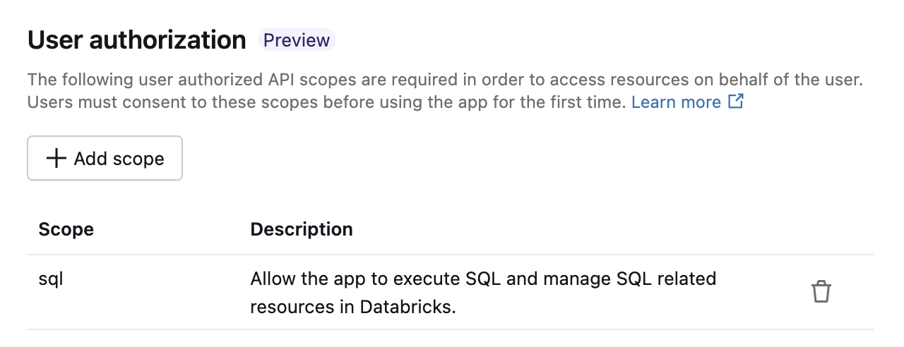 Add user authorization scopes to a Databricks app